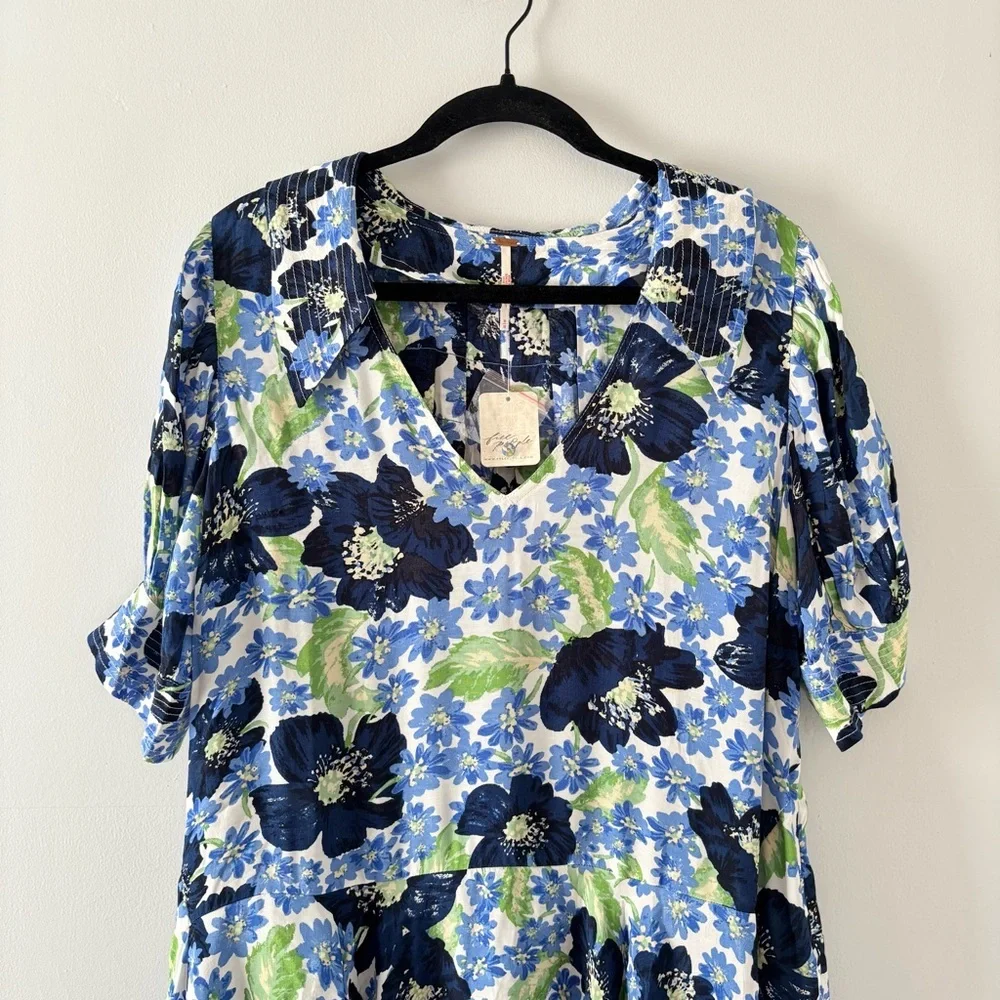 Free People NWT Moon Chaser Mini Dress Floral Print Short Puff Sleeves Blue
